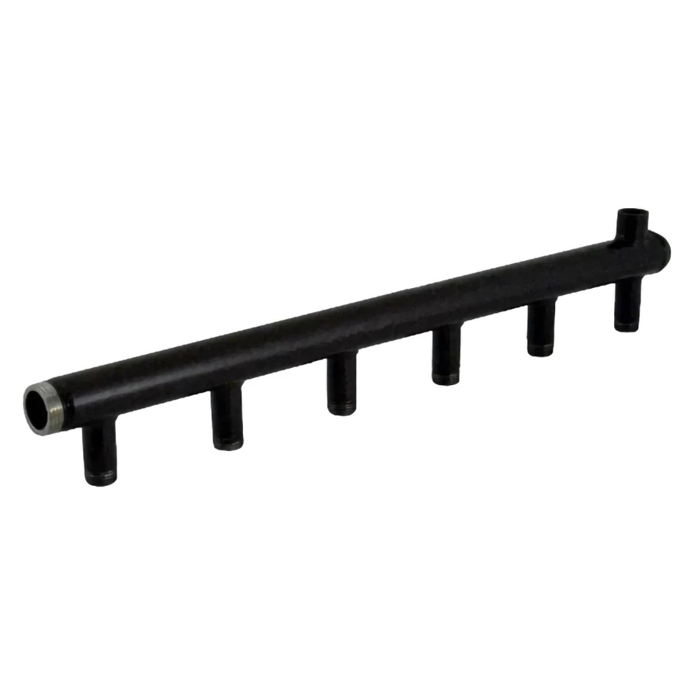 Коллектор Элит Металл EM100 Ду40 Ру10, выходов-6х1/2″ наружная резьба, присоединение - наружная резьба 1 1/2″, межосевое расстояние 100 мм, сталь