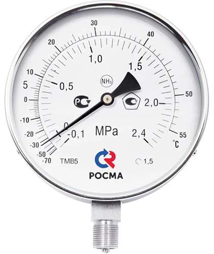 Мановакуумметр радиальный Росма ТМВ-511Р.00 NH3 (-0.1-2.4МПа)/(-70-+55C) М20х1.5 1.5 аммиачный 100мм, тип - ТМВ-511, радиальное присоединение, двойная шкала (-0.1-2.4МПа)/(-70-+55C), резьба М20х1.5, класс точности 1.5, цвет хром