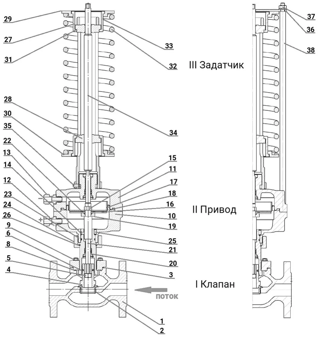 Регулятор давления до себя PRB1030N-F-DA Ду15 Ру16 Kvs1,6 прямого действия, серый чугун СЧ20, фланцевый, Tmax до 150°С, диапазон настройки 2 (1 - 4 кгс/см2)