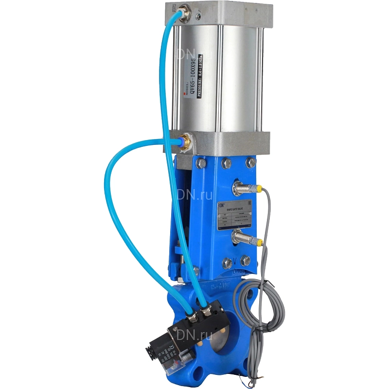 Задвижка шиберная Ду300 Ру10 Рр6 WENZ межфланцевая, шток - выдвижной, корпус - чугун GGG40, уплотнение - металл, с пневмоприводом, пневмораспределителем 4V210-08 AC220V и индукц.датчиками LJ12A3-4-J/EZ 220В (GVKR1331M-1W-Fb-2P)