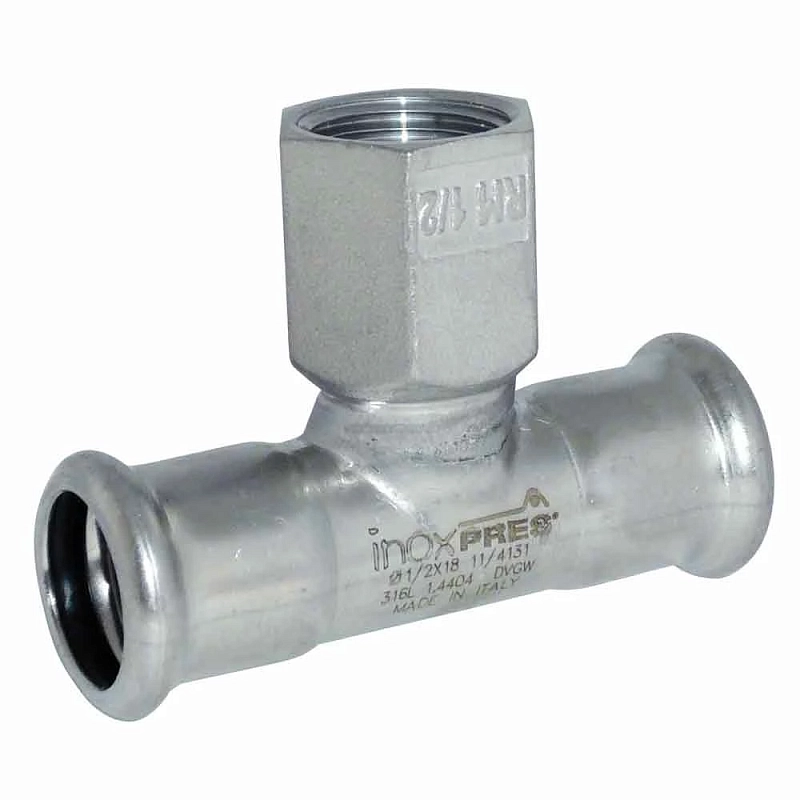 Тройник RM InoxPRES 189 Дн54х1/2″х54 Ру16 переходной, нержавеющая сталь AISI 316L, присоединение пресс/внутренняя резьба BSP